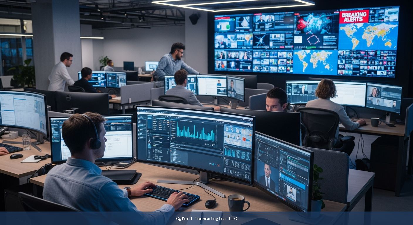 modern technology newsroom editorial office with glowing screens